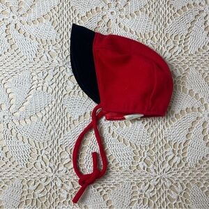 Vintage 1980s Girls 3t Red Black Wool Blend Winter Bonnet Hat